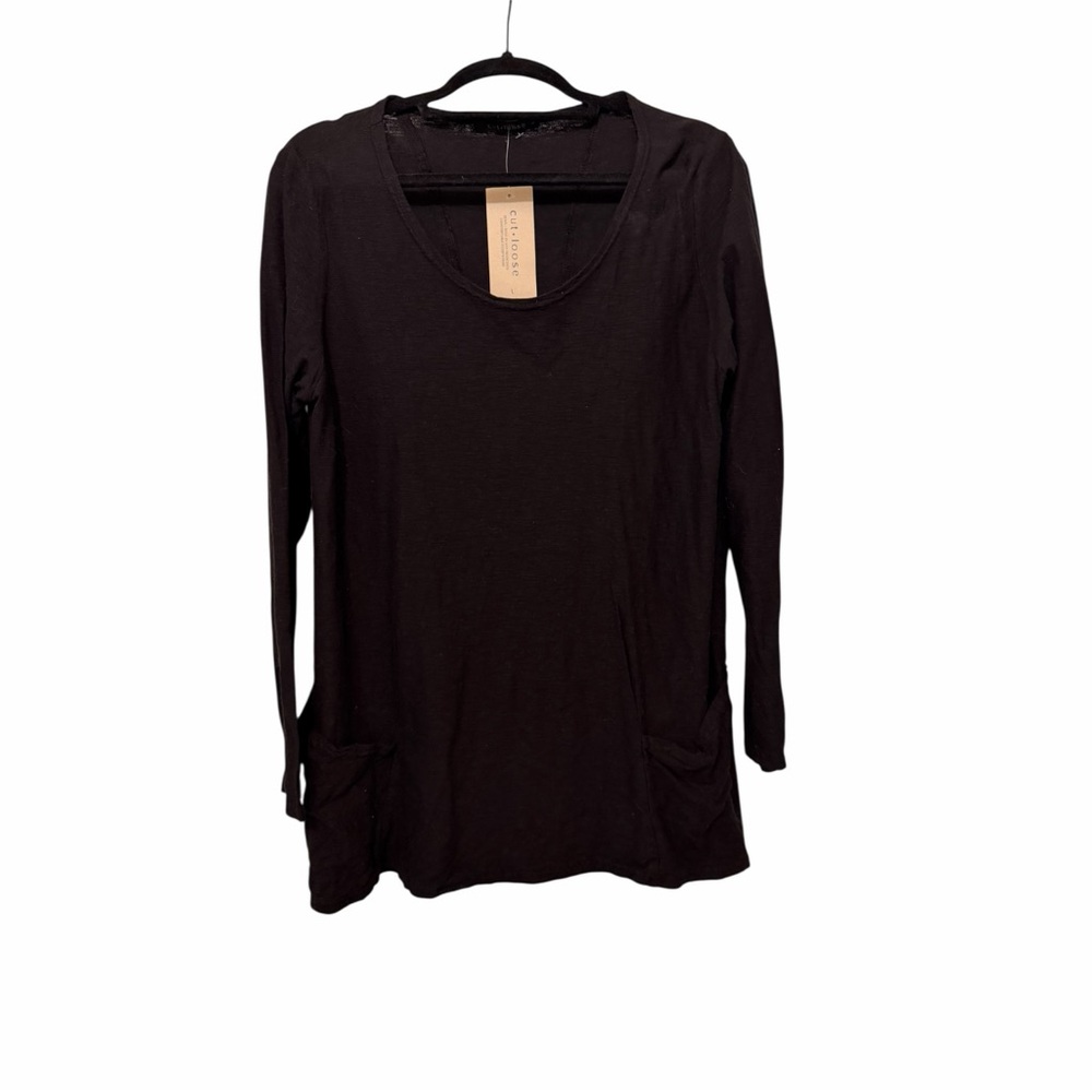 cut loose Black Long Sleeve Scoop Neck Tunic with Pockets